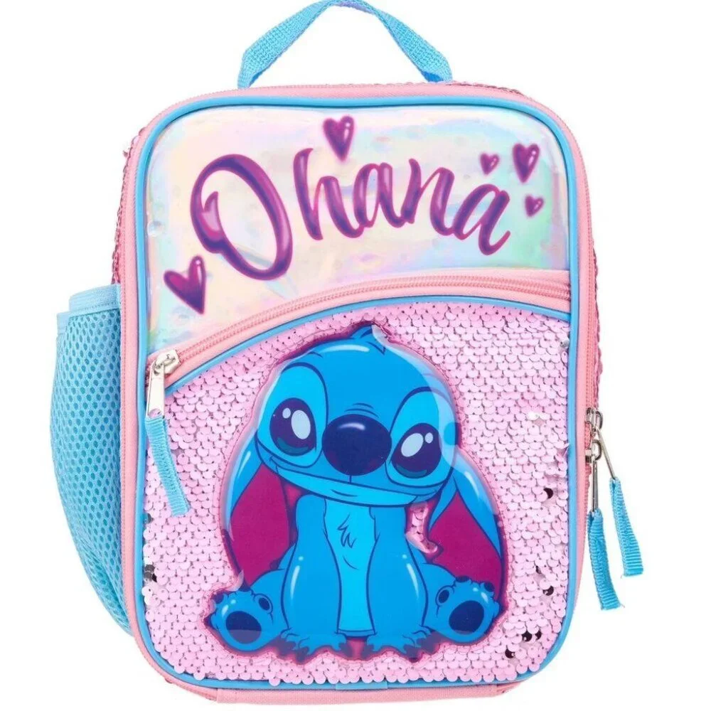 Disney Lilo & Stitch Pink Sequin Insulated Lunch Bag Tote School NWT
